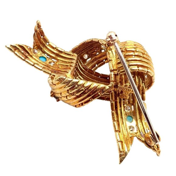 Vintage Tiffany & Co. 18k Yellow Gold Diamond Turquoise Bamboo Bow Pin Brooch - Picture 9 of 11